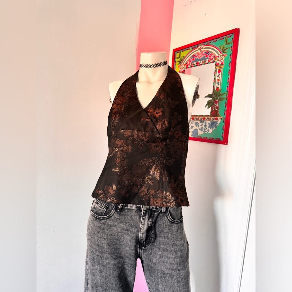 Vintage David's Bridal Black and Brown Floral Halter Top